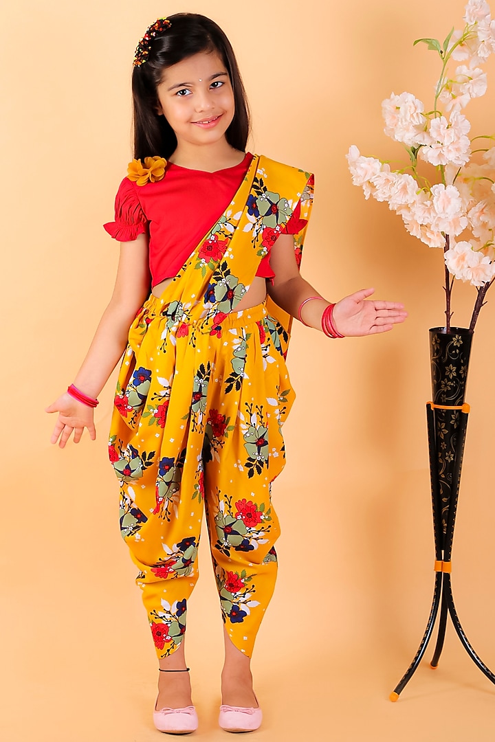 Mustard Poly Crepe Printed Dhoti Saree Set For Girls by M'andy