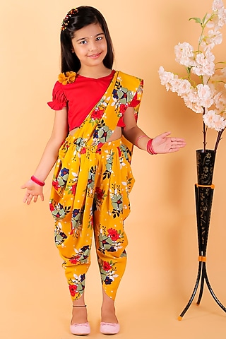 Mustard Poly Crepe Printed Dhoti Saree Set For Girls by M'andy