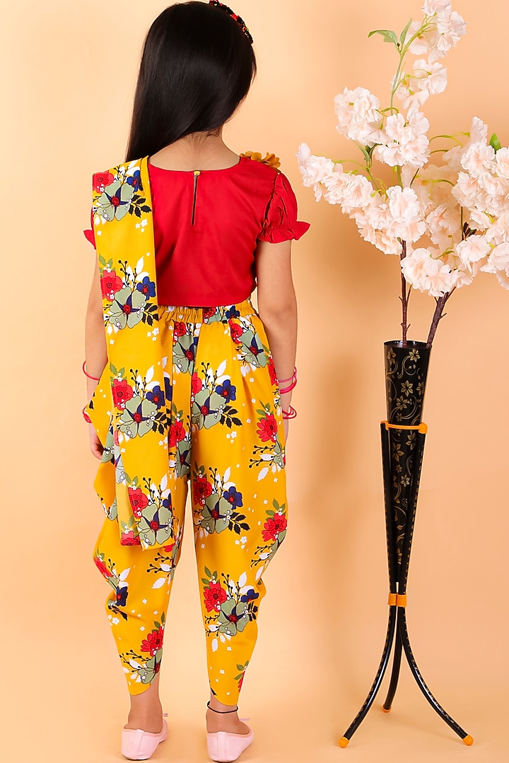 Mustard Poly Crepe Printed Dhoti Saree Set For Girls by M'andy at Pernia's Pop Up Shop