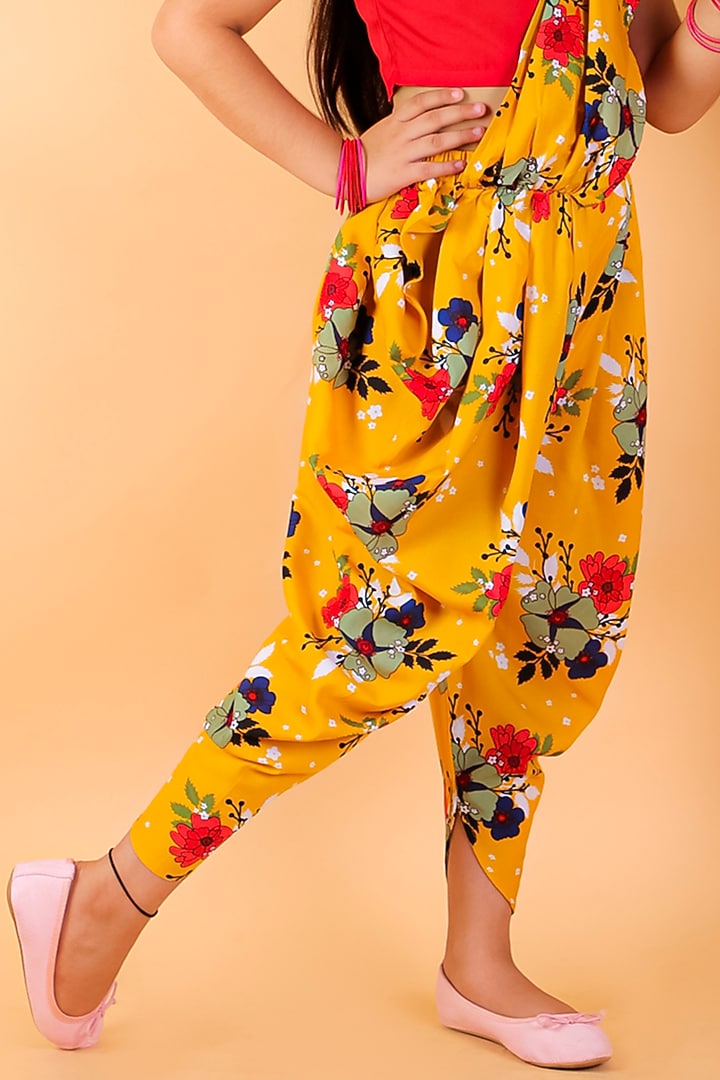 Mustard Poly Crepe Printed Dhoti Saree Set For Girls by M'andy at Pernia's Pop Up Shop