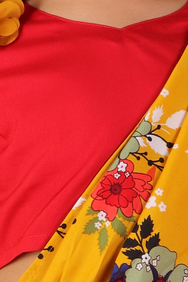 Mustard Poly Crepe Printed Dhoti Saree Set For Girls by M'andy at Pernia's Pop Up Shop