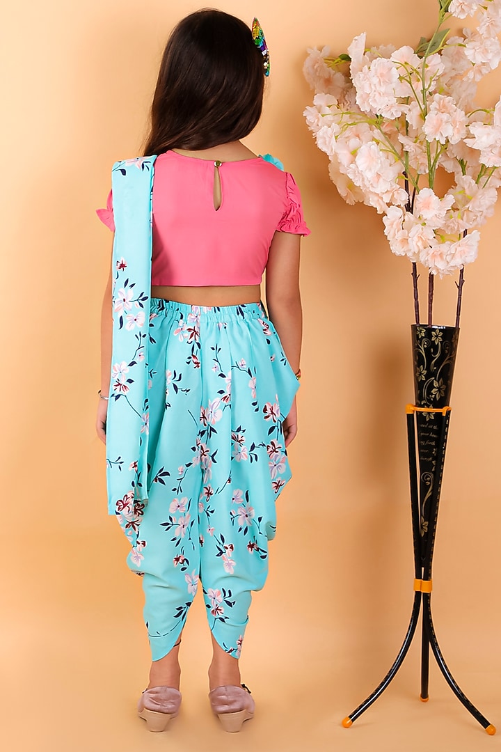 Blue Floral Printed Dhoti Saree Set For Girls by M'andy at Pernia's Pop Up Shop
