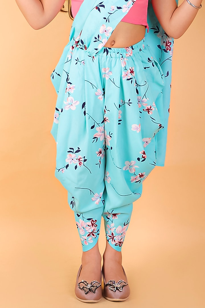 Blue Floral Printed Dhoti Saree Set For Girls by M'andy at Pernia's Pop Up Shop