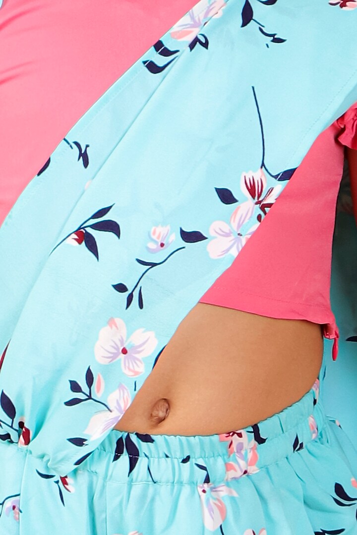 Blue Floral Printed Dhoti Saree Set For Girls by M'andy at Pernia's Pop Up Shop