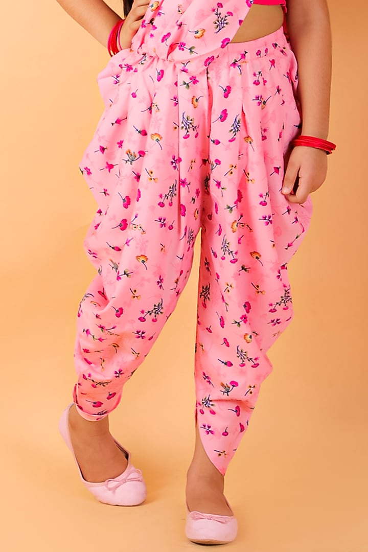 Pink Floral Printed Dhoti Saree For Girls by M'andy at Pernia's Pop Up Shop