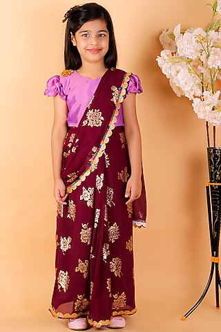 Violet Georgette Saree Set For Girls by M'andy