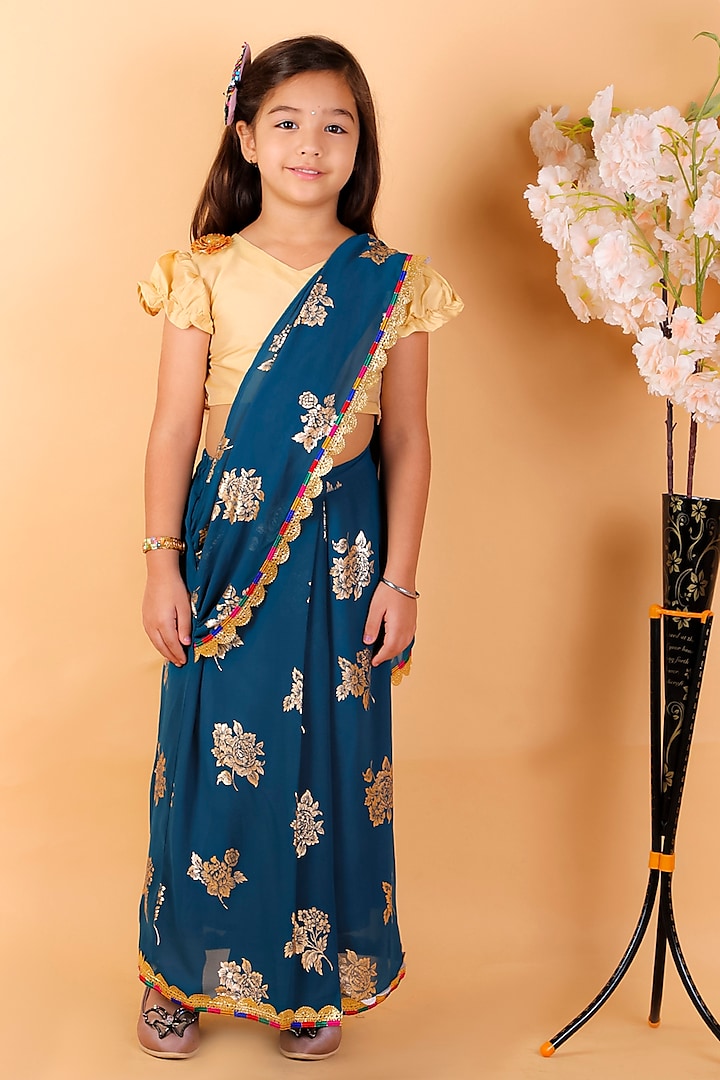 Dark Blue Georgette Saree Set For Girls by M'andy