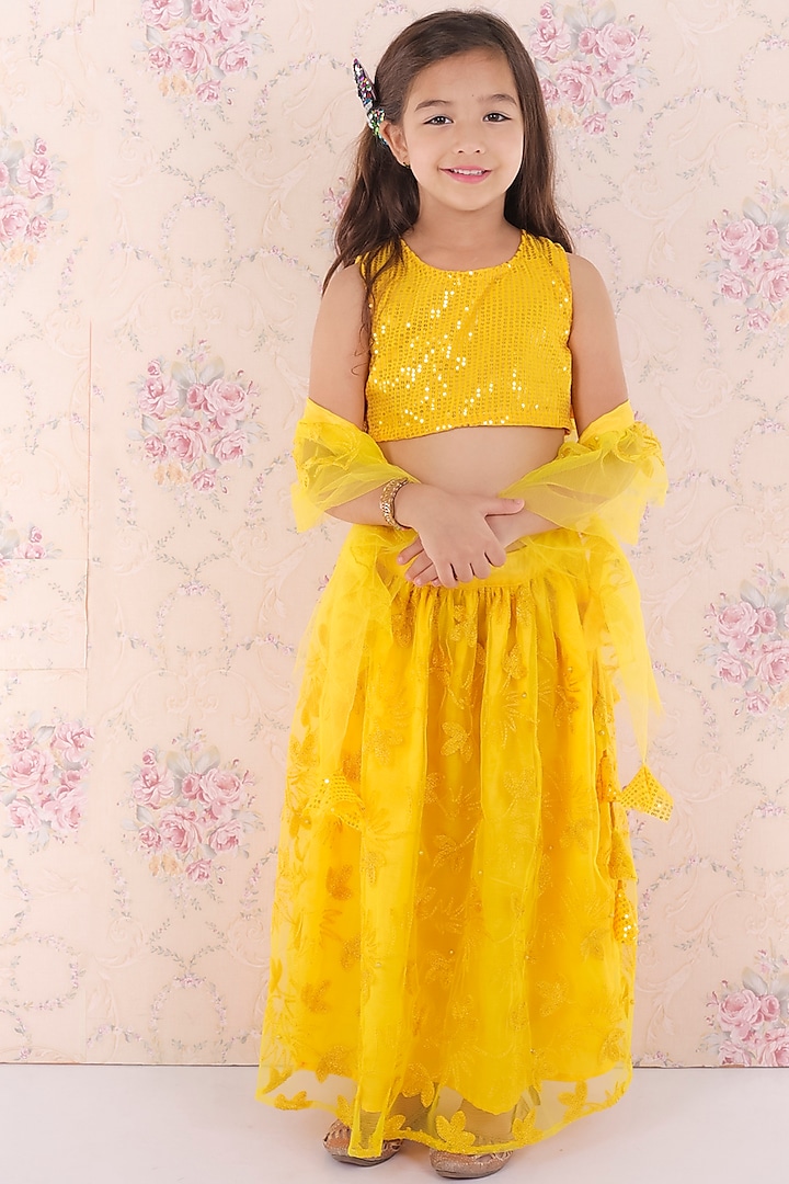 Yellow Net Embroidered Lehenga Set For Girls by M'andy