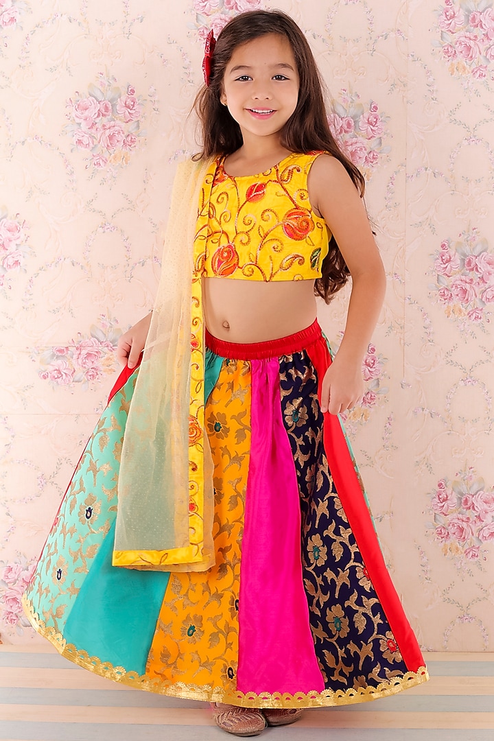 Multi-Colored Silk Paneled Lehenga Set For Girls by M'andy
