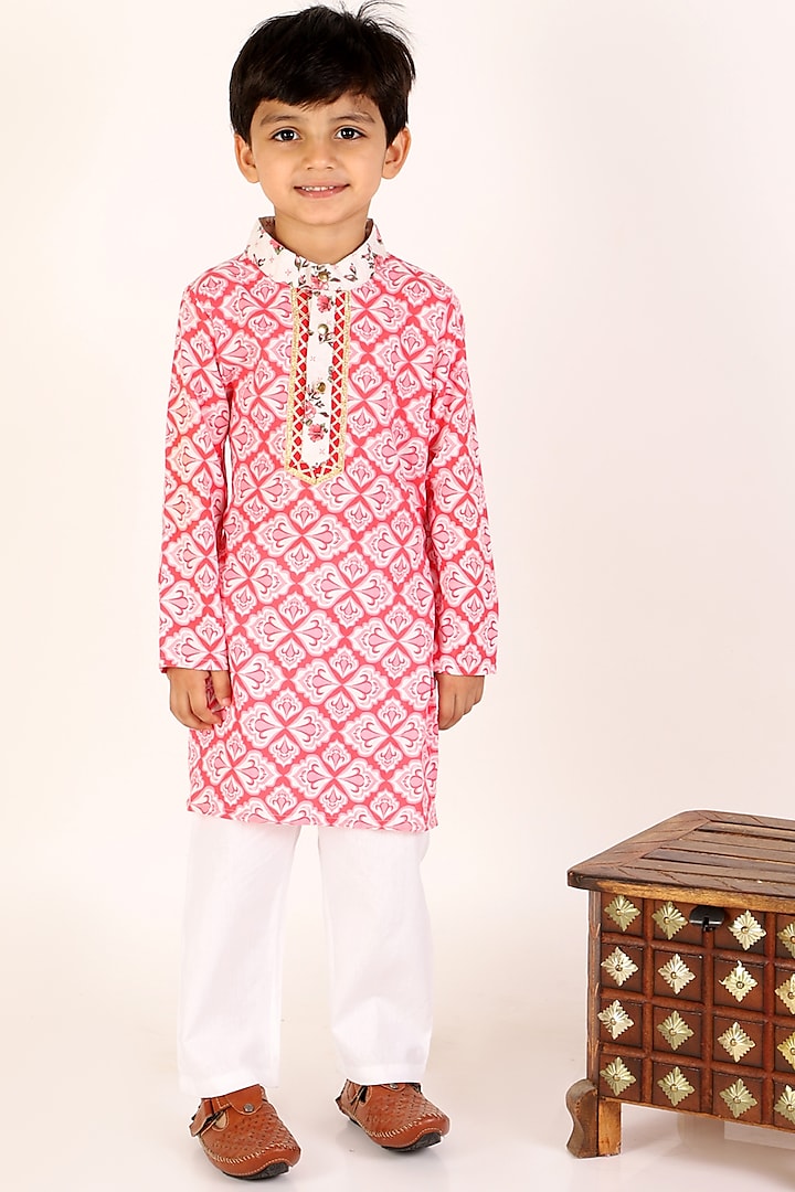 Red Cotton Kurta Set For Boys by M'andy