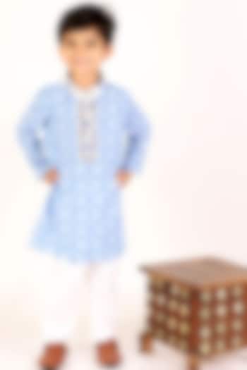 Blue Cotton Printed Kurta Set For Boys by M'andy