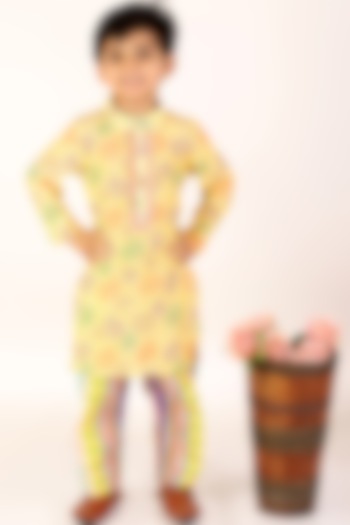 Yellow Cotton Printed Kurta Set For Boys by M'andy