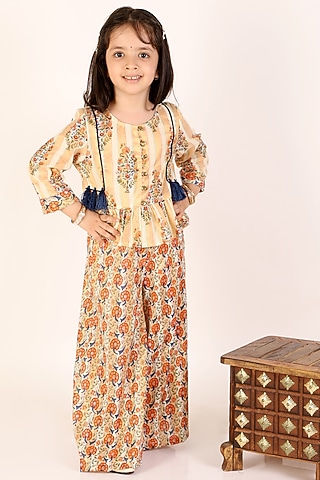 Off-White Cotton Pant Set For Girls by M'andy