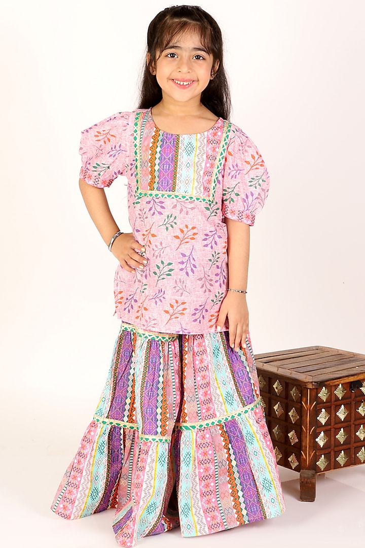 Pink Cotton Sharara Set For Girls by M'andy