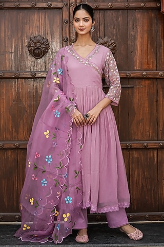 Lilac Chiffon Embroidered Anarkali Set by Mangalmay By Aastha