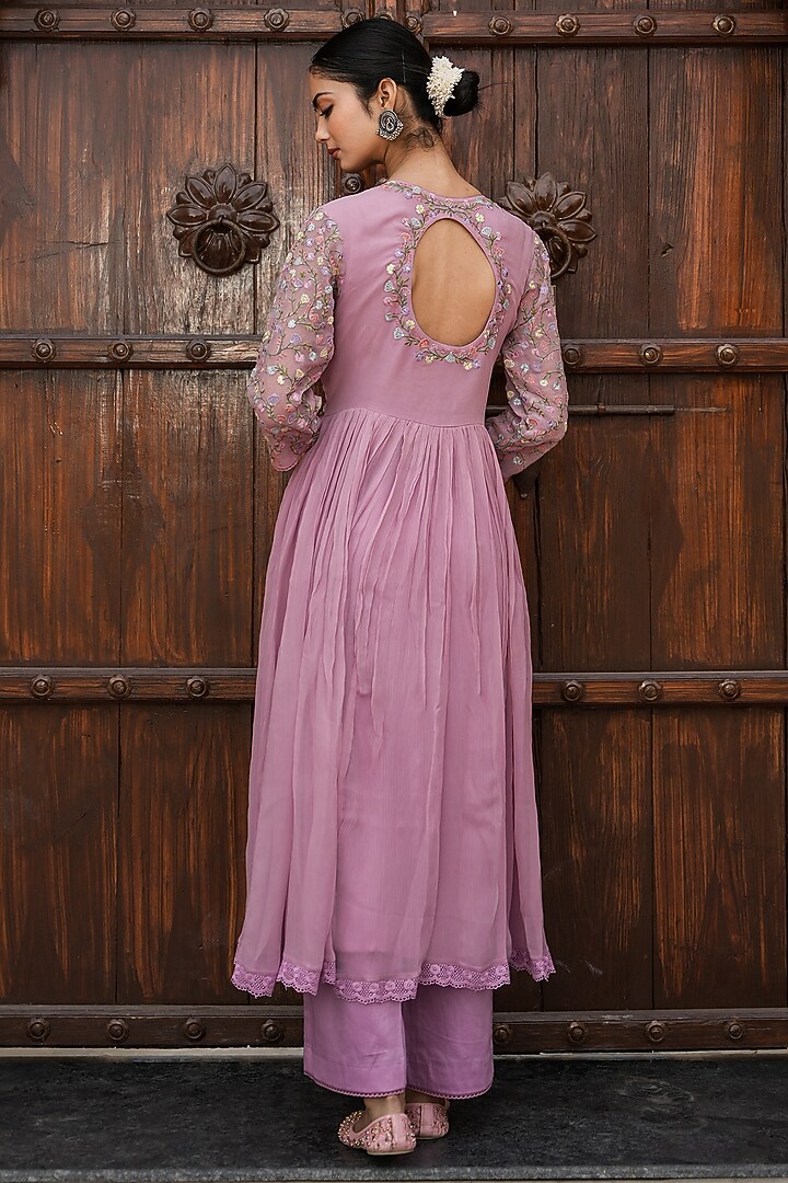 Lilac Chiffon Embroidered Anarkali Set by Mangalmay By Aastha at Pernia's Pop Up Shop