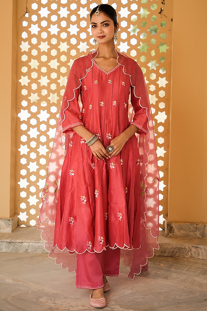 Pink Chanderi Silk Hand Embroidered Anarkali Set by Mangalmay By Aastha