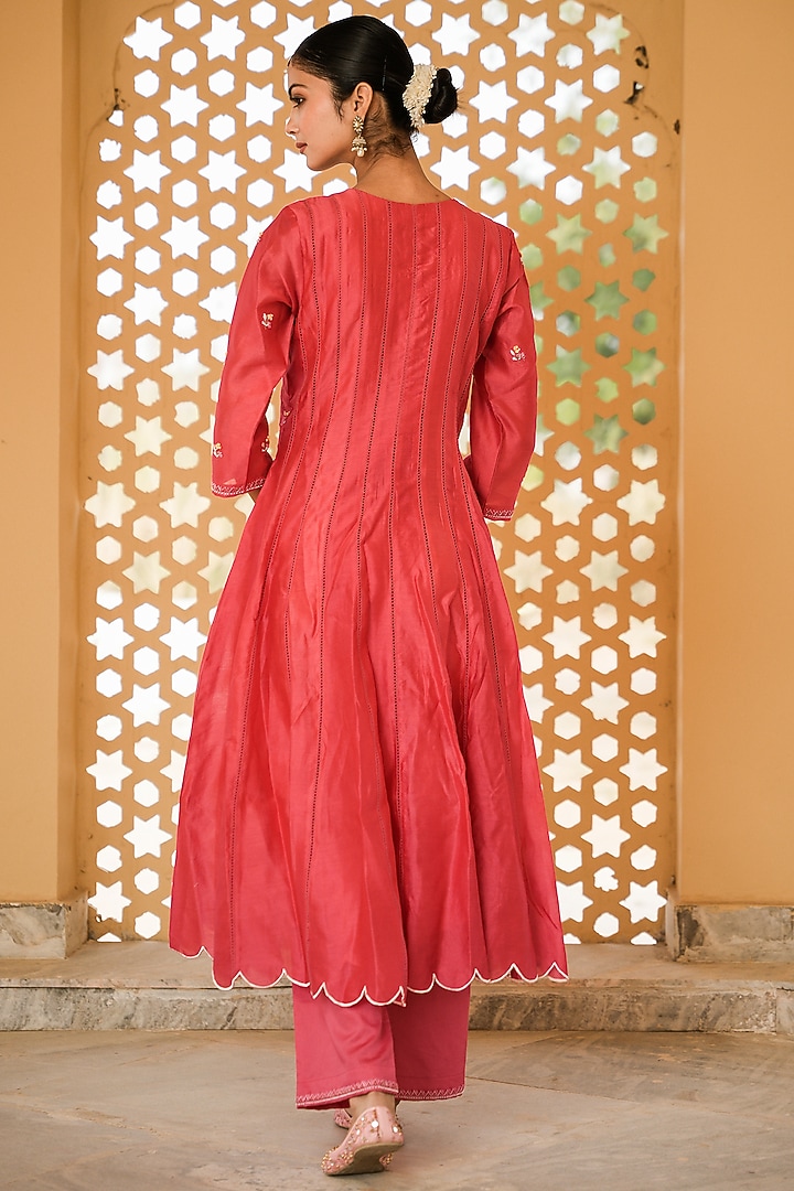 Pink Chanderi Silk Hand Embroidered Party Wear Anarkali Set by Mangalmay By Aastha at Pernia's Pop Up Shop