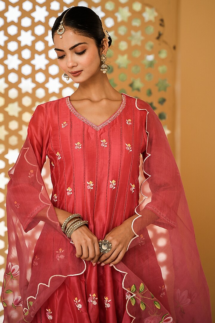 Pink Chanderi Silk Hand Embroidered Party Wear Anarkali Set by Mangalmay By Aastha at Pernia's Pop Up Shop