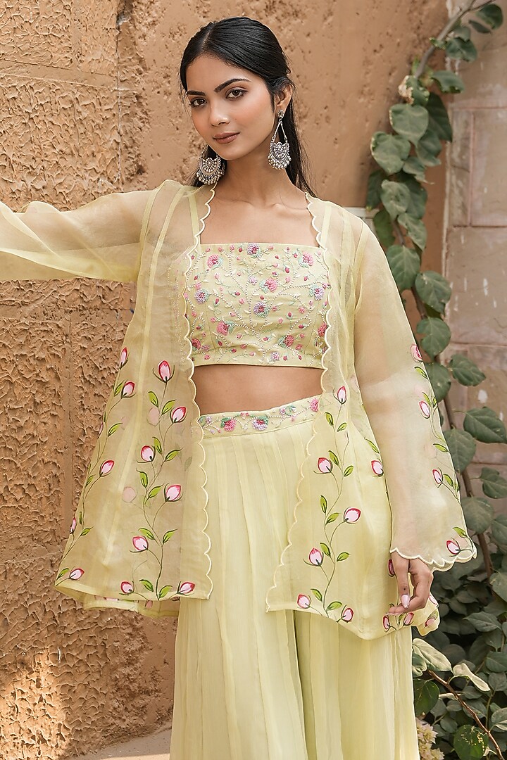 Mint Silk Organza Hand-Painted Jacket Set by Mangalmay By Aastha at Pernia's Pop Up Shop