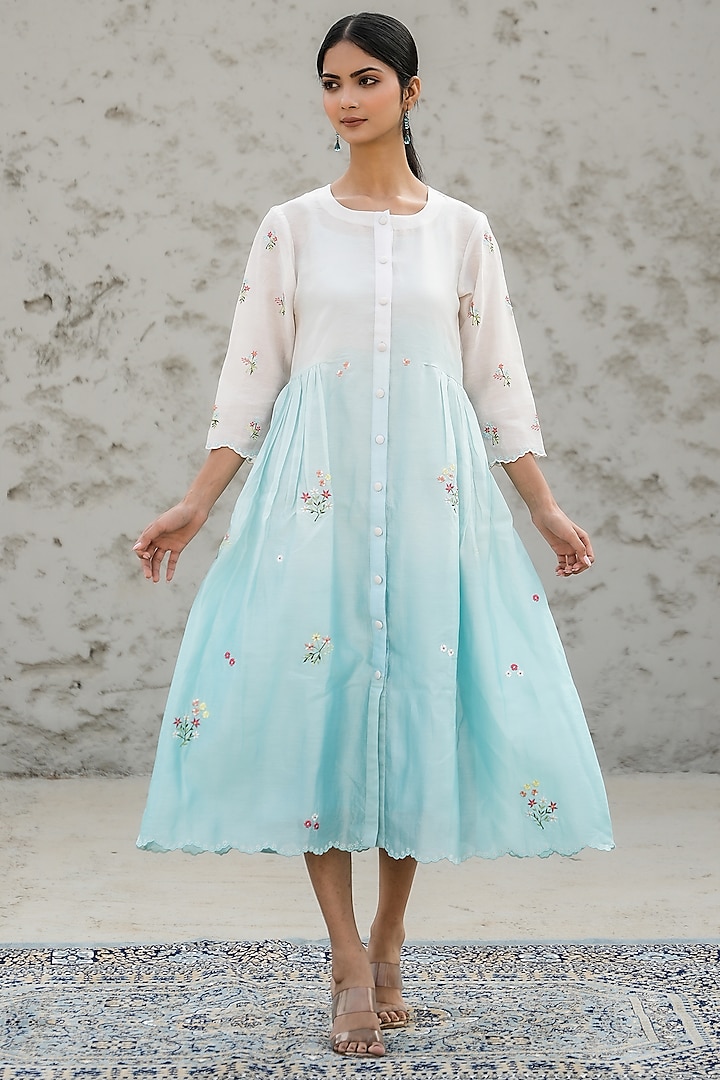 White & Blue Chanderi Silk Embroidered Ombre Midi Dress by Mangalmay By Aastha