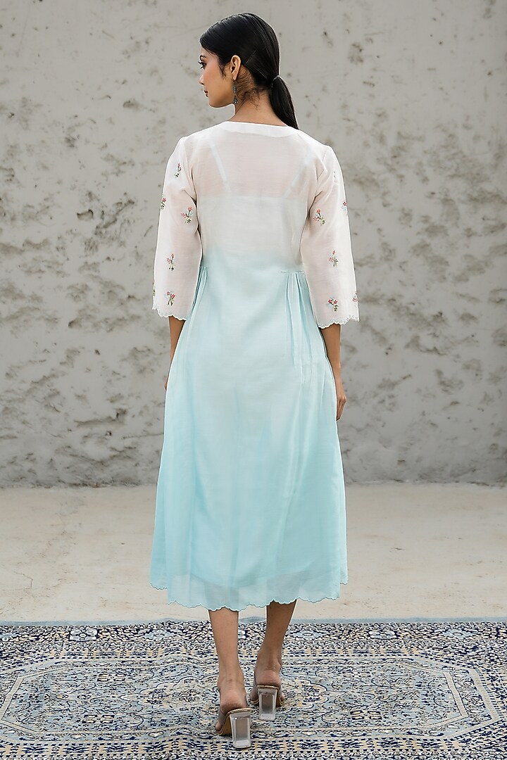 White & Blue Chanderi Silk Embroidered Ombre Midi Summer Dress by Mangalmay By Aastha at Pernia's Pop Up Shop