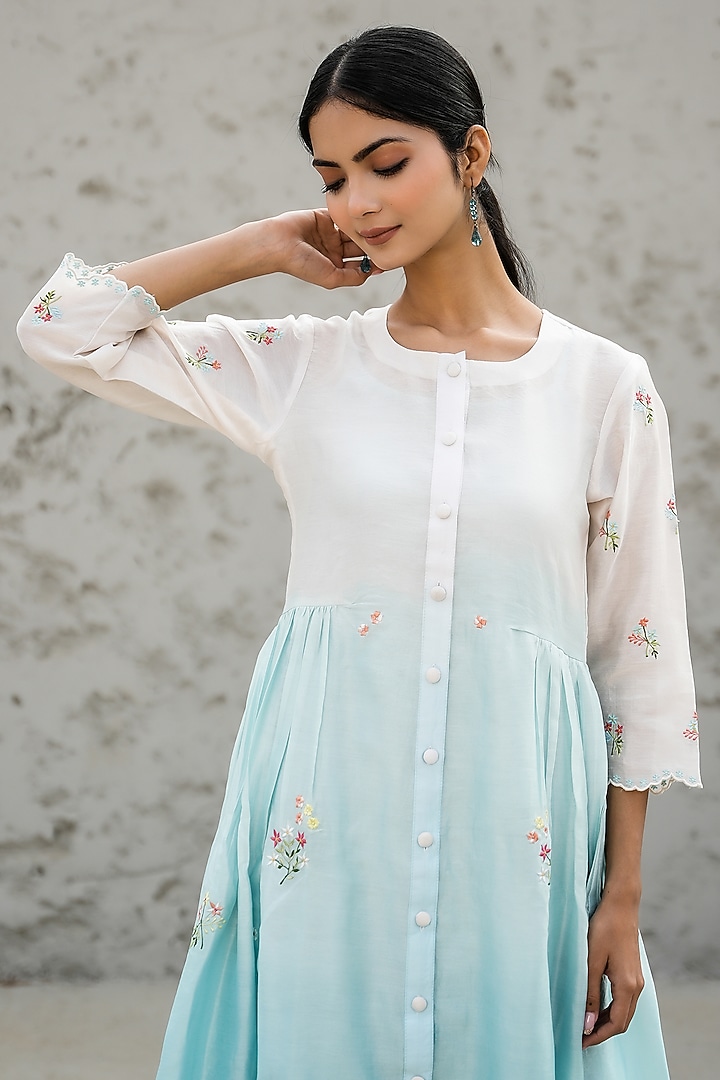 White & Blue Chanderi Silk Embroidered Ombre Midi Summer Dress by Mangalmay By Aastha at Pernia's Pop Up Shop