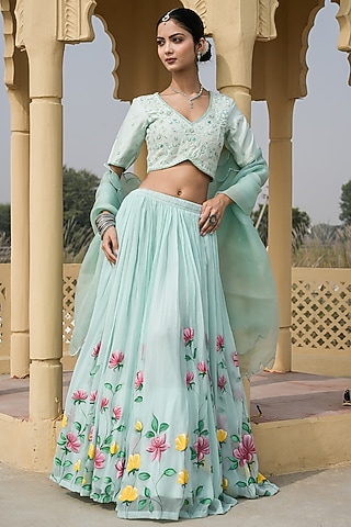 Sky Blue Chiffon Hand-Painted Lehenga Set by Mangalmay By Aastha