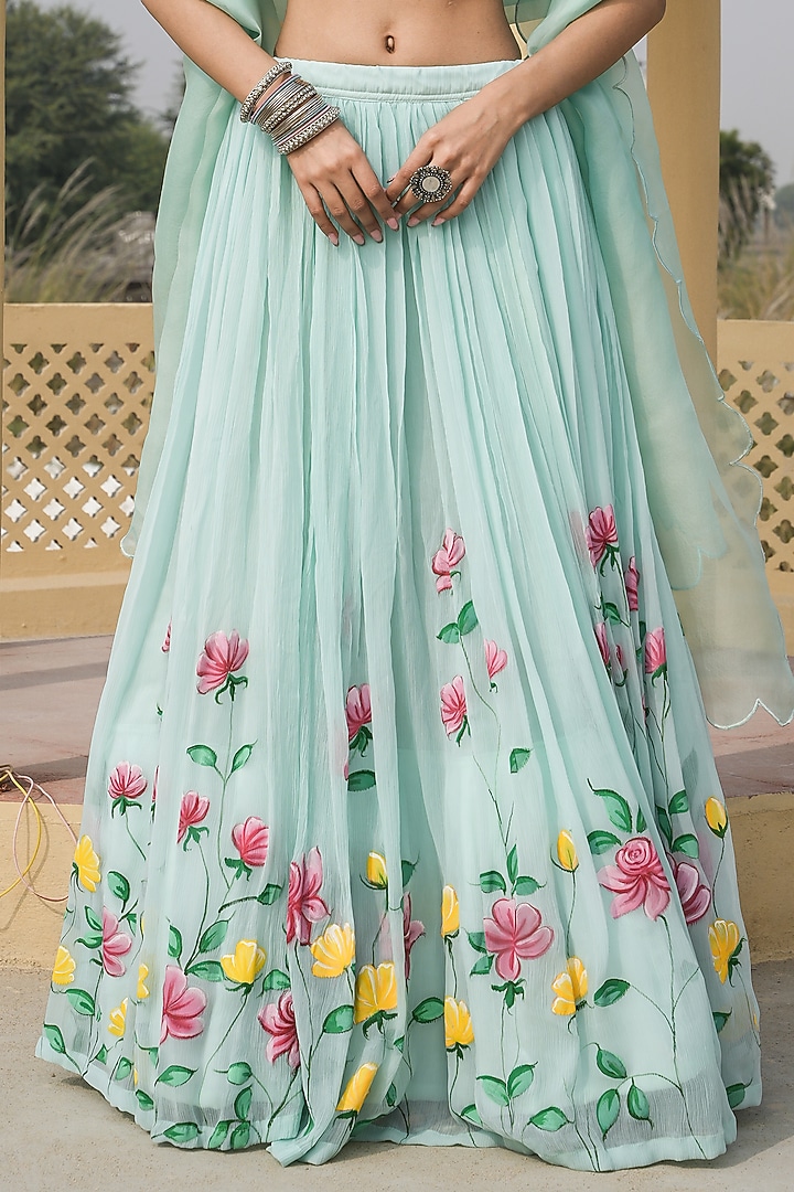 Sky Blue Chiffon Hand-Painted Lehenga Set by Mangalmay By Aastha at Pernia's Pop Up Shop