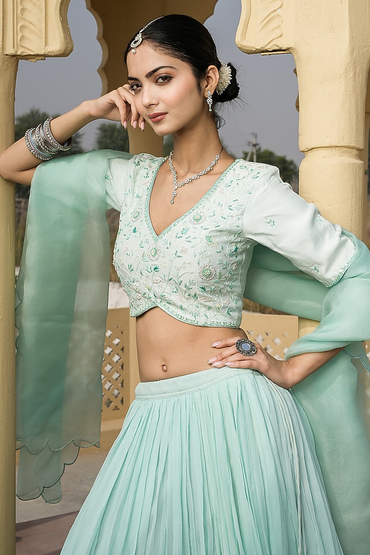 Sky Blue Chiffon Hand-Painted Lehenga Set by Mangalmay By Aastha at Pernia's Pop Up Shop