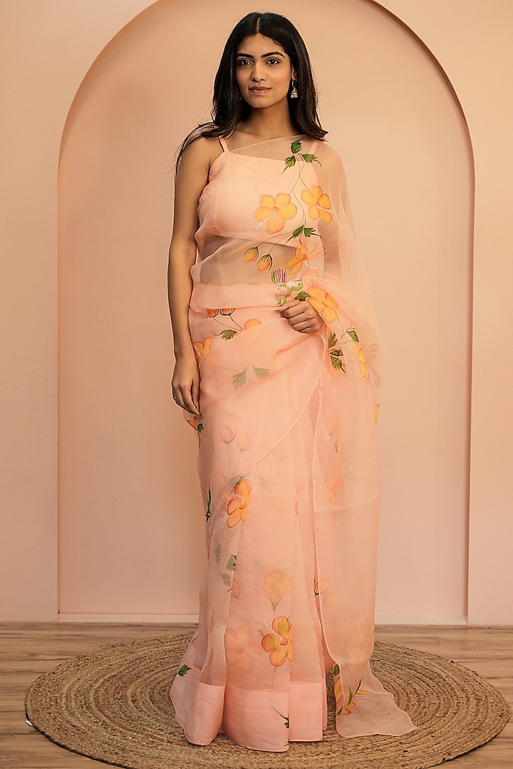 Peach Organza Silk Floral Hand-Painted Saree Set by Mangalmay By Aastha