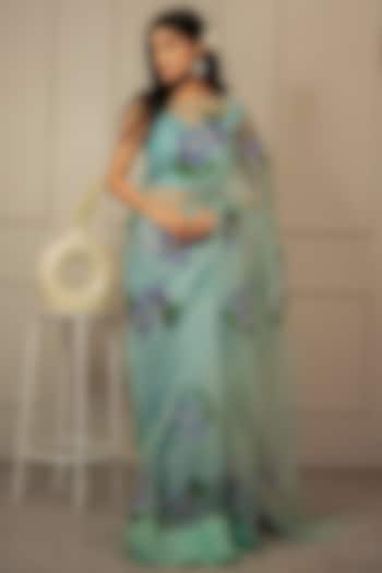 Blue Pure Silk Organza Floral Hand-Painted Saree Set by Mangalmay By Aastha