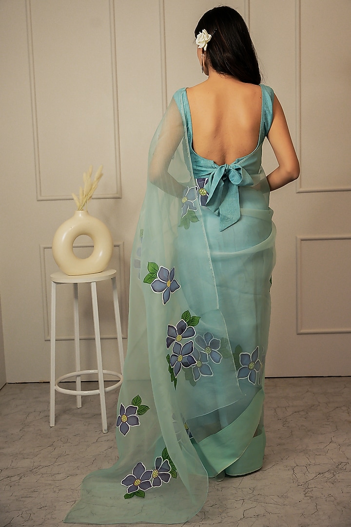 Blue Pure Silk Organza Floral Hand-Painted Festive Saree Set by Mangalmay By Aastha at Pernia's Pop Up Shop