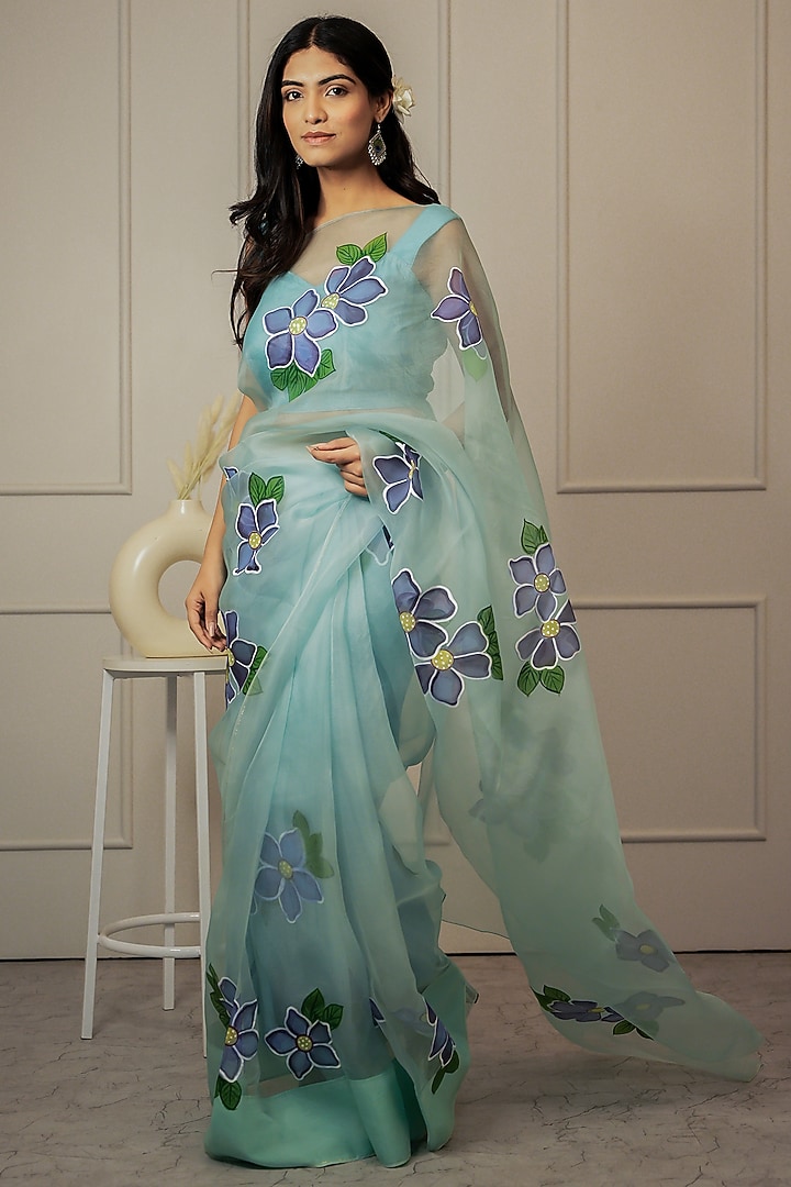 Blue Pure Silk Organza Floral Hand-Painted Festive Saree Set by Mangalmay By Aastha at Pernia's Pop Up Shop