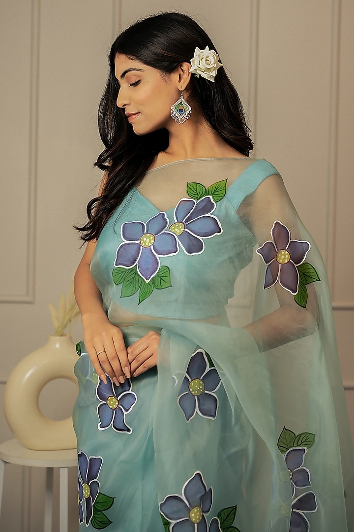Blue Pure Silk Organza Floral Hand-Painted Festive Saree Set by Mangalmay By Aastha at Pernia's Pop Up Shop