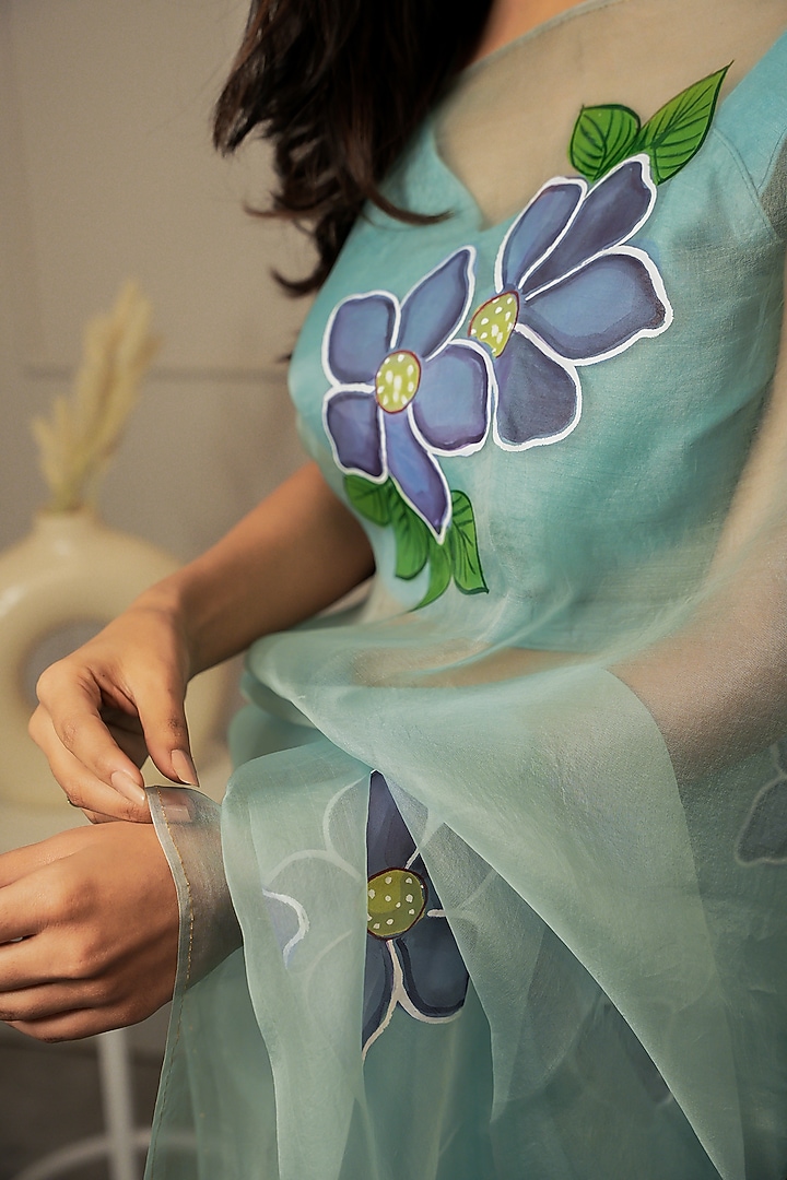 Blue Pure Silk Organza Floral Hand-Painted Festive Saree Set by Mangalmay By Aastha at Pernia's Pop Up Shop