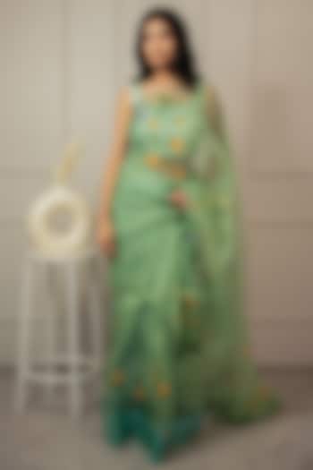 Teal Pure Organza Floral Hand-Painted Saree Set by Mangalmay By Aastha