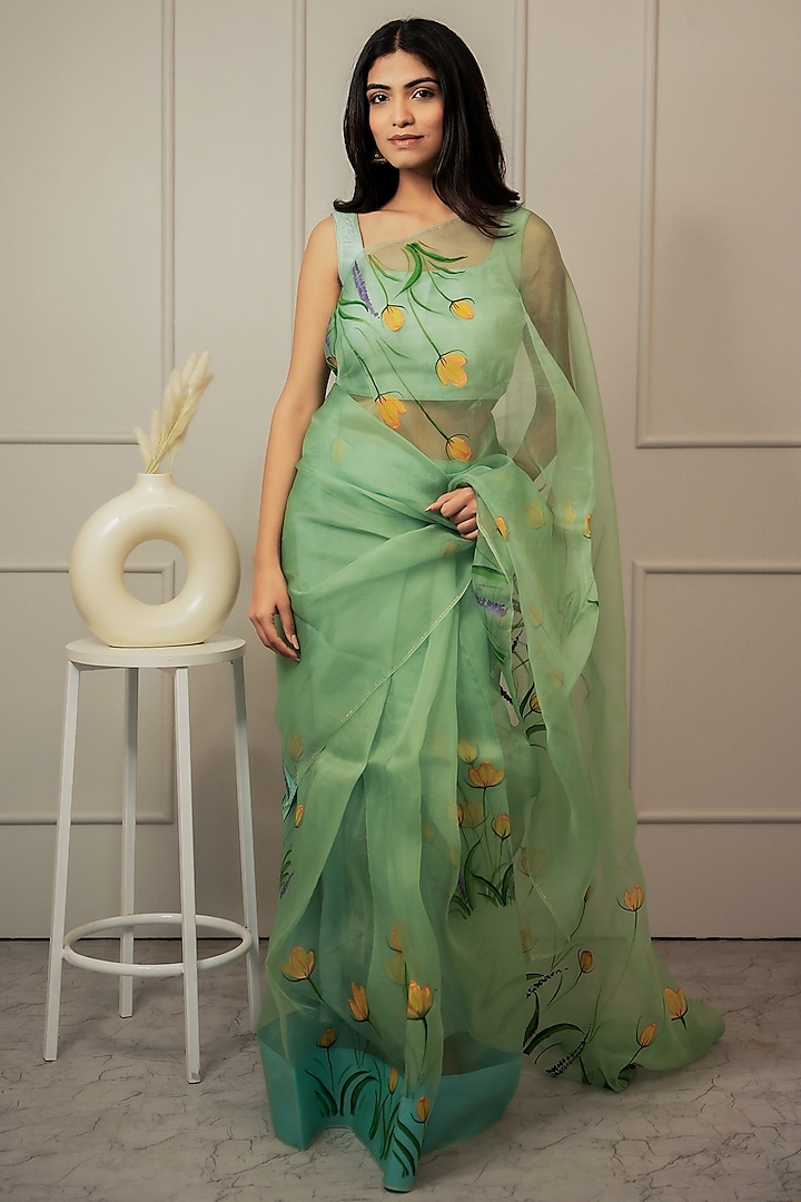 Teal Pure Organza Floral Hand-Painted Saree Set by Mangalmay By Aastha
