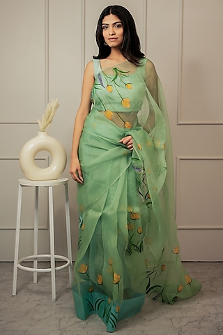 Teal Pure Organza Floral Hand-Painted Saree Set by Mangalmay By Aastha
