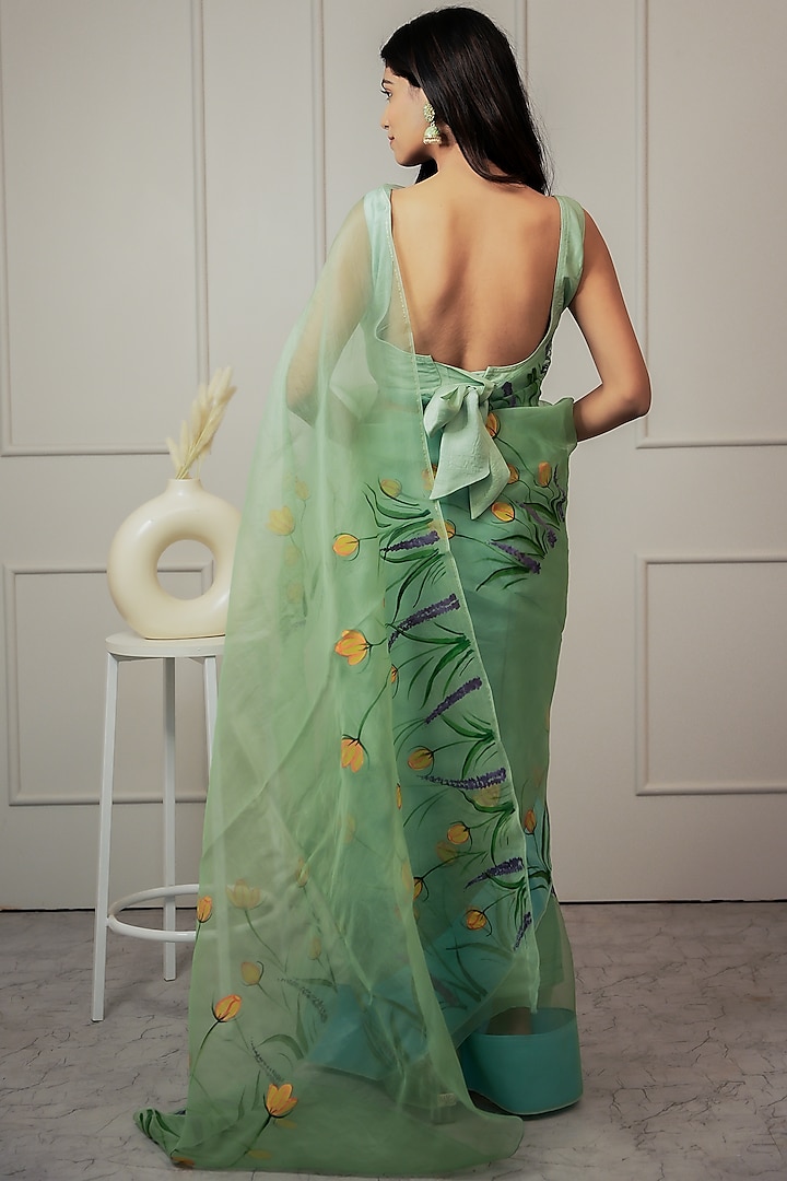 Teal Pure Organza Floral Hand-Painted Festive Saree Set by Mangalmay By Aastha at Pernia's Pop Up Shop