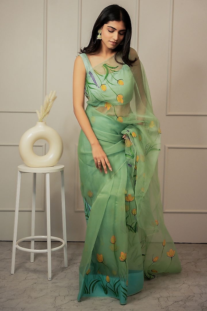 Teal Pure Organza Floral Hand-Painted Festive Saree Set by Mangalmay By Aastha at Pernia's Pop Up Shop