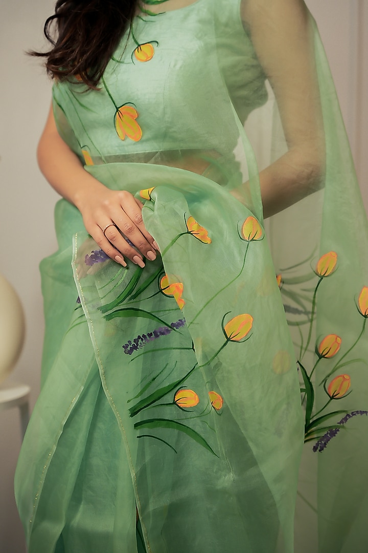 Teal Pure Organza Floral Hand-Painted Festive Saree Set by Mangalmay By Aastha at Pernia's Pop Up Shop