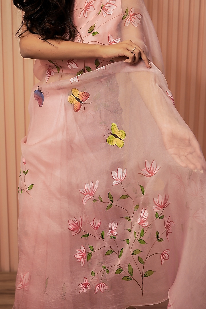 Pink Organza Floral Hand-Painted Festive Saree Set by Mangalmay By Aastha at Pernia's Pop Up Shop