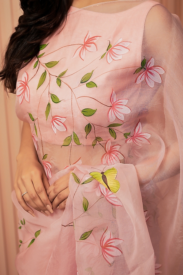 Pink Organza Floral Hand-Painted Festive Saree Set by Mangalmay By Aastha at Pernia's Pop Up Shop
