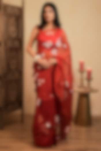 Red Pure Organza Floral Hand-Painted Saree Set by Mangalmay By Aastha