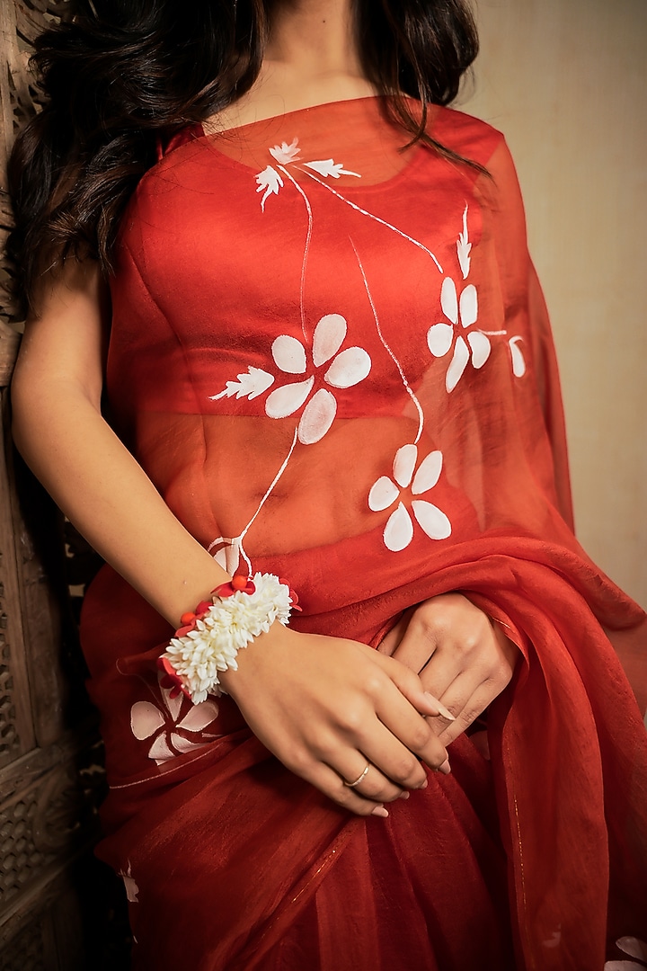 Red Pure Organza Floral Hand-Painted Festive Saree Set by Mangalmay By Aastha at Pernia's Pop Up Shop