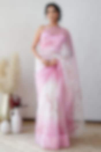 Pink & White Pure Organza Floral Hand-Painted Saree Set by Mangalmay By Aastha