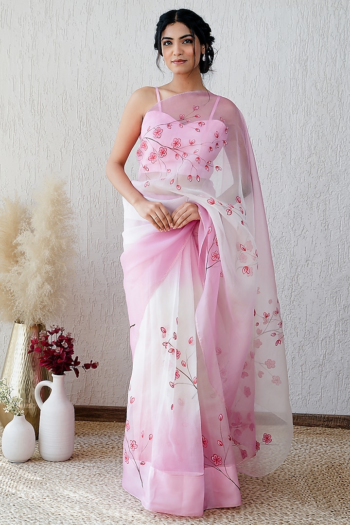 Pink & White Pure Organza Floral Hand-Painted Saree Set by Mangalmay By Aastha