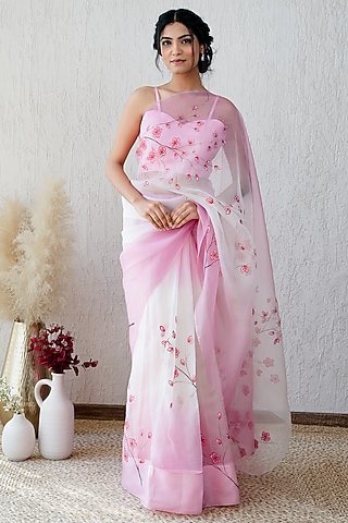 Pink & White Pure Organza Floral Hand-Painted Saree Set by Mangalmay By Aastha