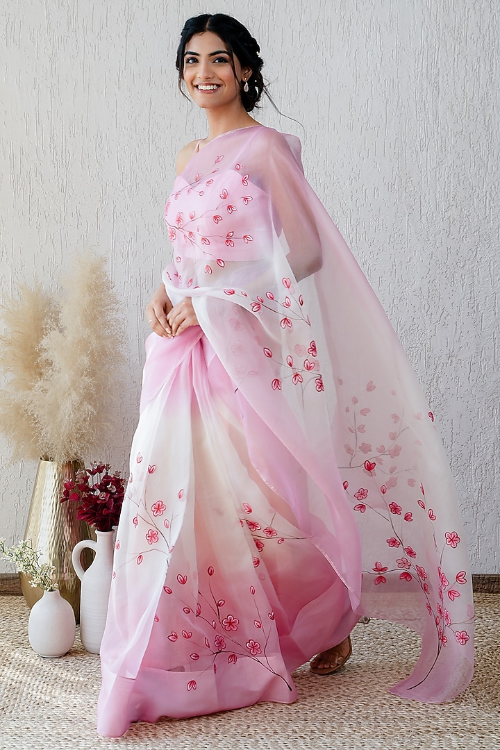 Pink & White Pure Organza Floral Hand-Painted Festive Saree Set by Mangalmay By Aastha at Pernia's Pop Up Shop